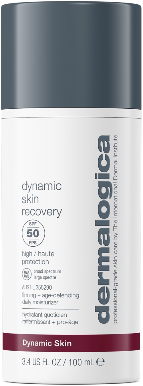 En vit flaska med mörkgrå lock innehåller dermalogica hudåterhämtning fuktighetskräm med SPF 50.