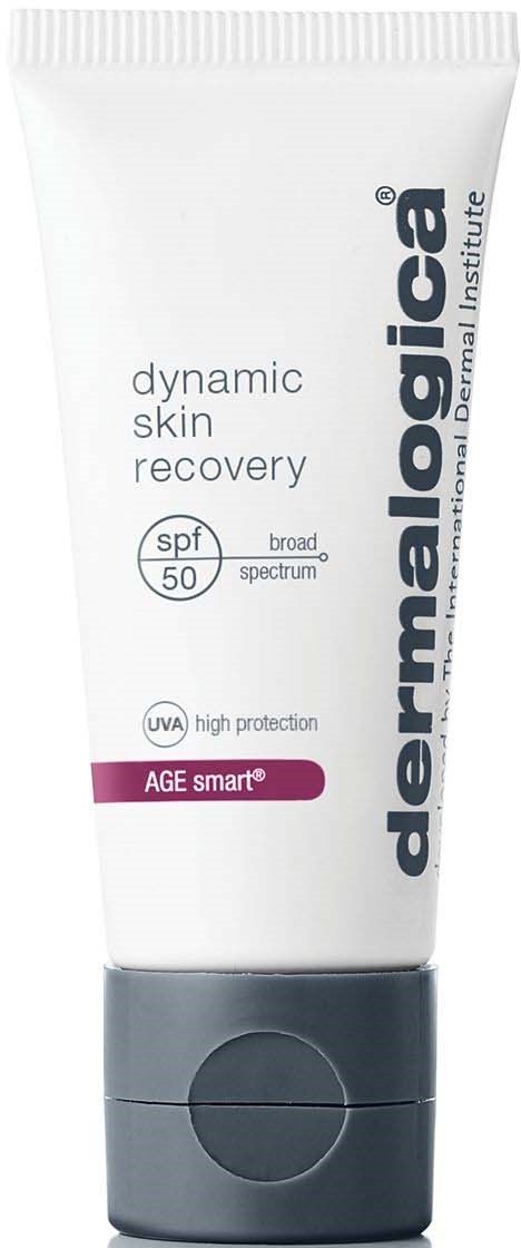 En tub med solskyddsmedel märkt 'dermalogica' för hudåterhämtning, med SPF 50 och UVA-skydd, i vitt och grått.