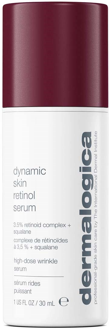 Valkoinen pullo, jossa tummanpunainen korkki ja teksti 'dermalogica' ja 'retinol serum' ihonhoitotuotteena.
