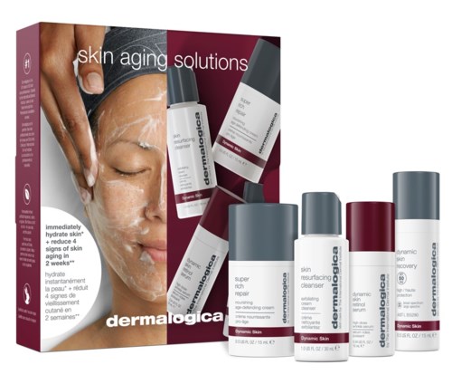 Förpackning med hudvårdsflaskor som visar anti-aging produkter, en kvinna med ansiktsmask av grädde och text om hudlösningar.