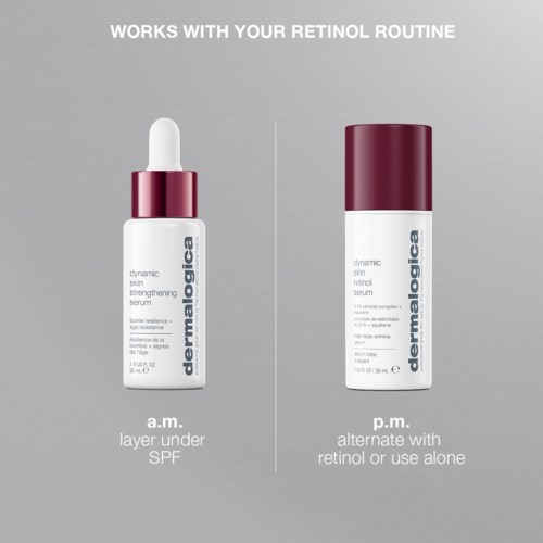 Två hudvårdflaskor, en för dagtid med SPF och en för natten med retinol, visar när man ska använda varje.