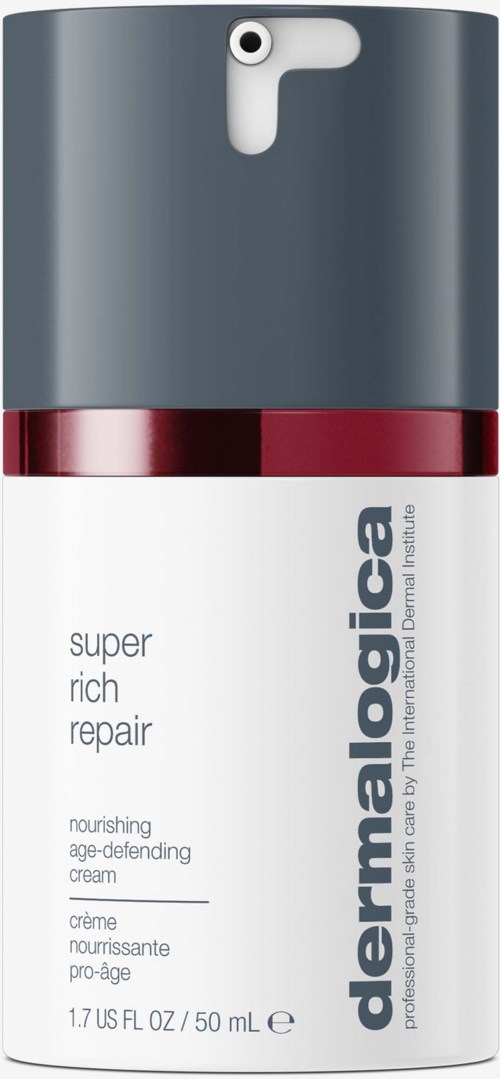 Eine weiße und graue Hautpflegeflasche mit rotem Streifen, beschriftet Dermalogica super rich repair nährende Creme.