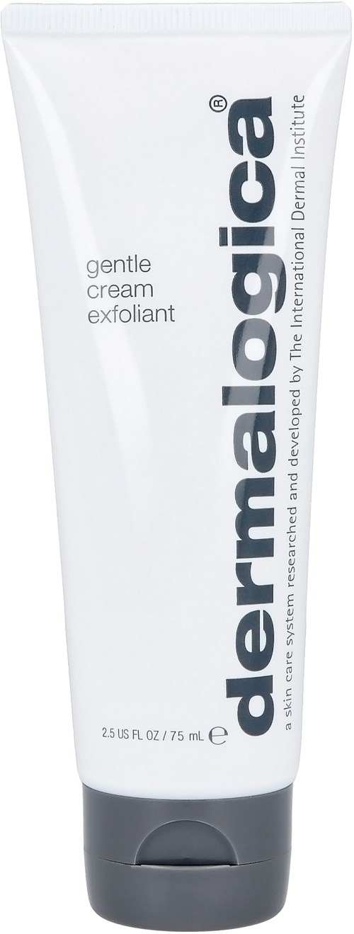 A white tube labeled 'dermalogica gentle cream exfoliant' with a gray cap.