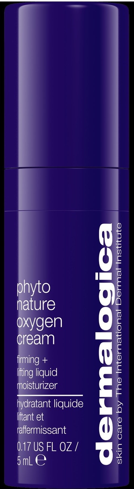 En blå cylindrisk flaska med DermaLogica phyto nature oxygen cream, 0,17 fl oz, för återfuktning och hudfästning.