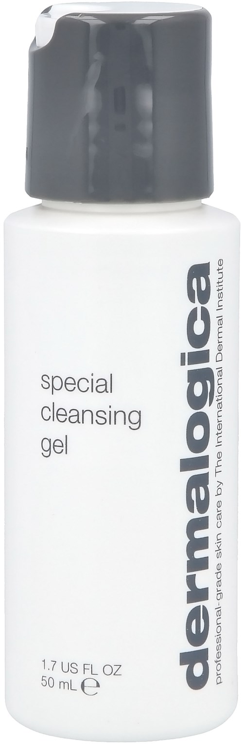 En liten hvit flaske med grå lokk merket 'dermalogica special cleansing gel.'