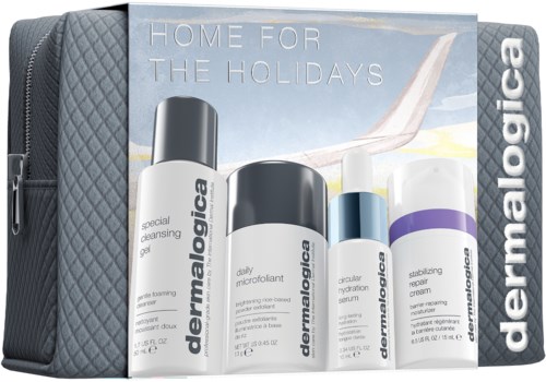 A skincare set in a bag with four bottles, labeled for cleansing, moisturizing, and repairing skin.