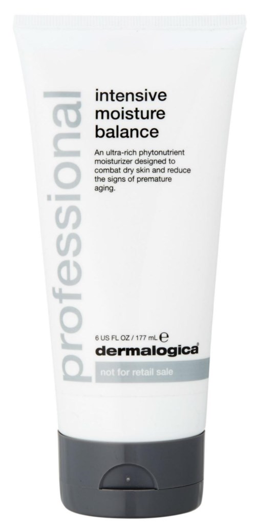 En vit tub med Dermalogica-ansiktskräm med svart lock, märkt 'professional intensive moisture balance' för torr hudvård.