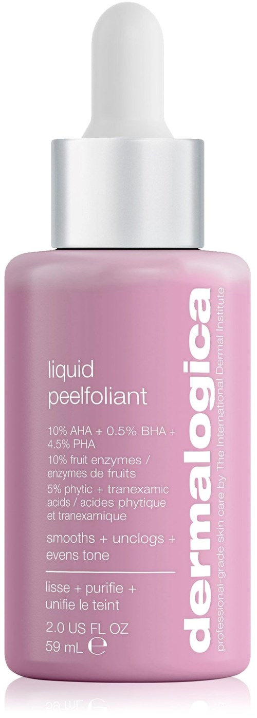 En rosa hudpleiefleske med hvit dråpehette, merket som Dermalogicas flytende peelingformel for jevnere hudtone.