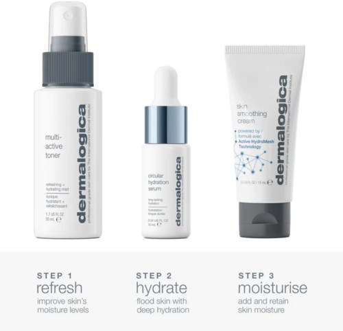 Tre hudplejeprodukter: toner, serum og fugtighedscreme fra Dermalogica, til at opfriske, hydrere og fugte huden.