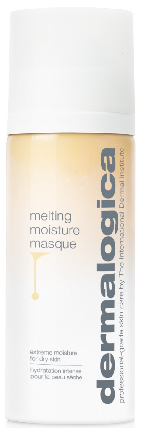 En vit flaska från dermalogica med melting moisture masque för torr hud, med en enkel etikett och lock.