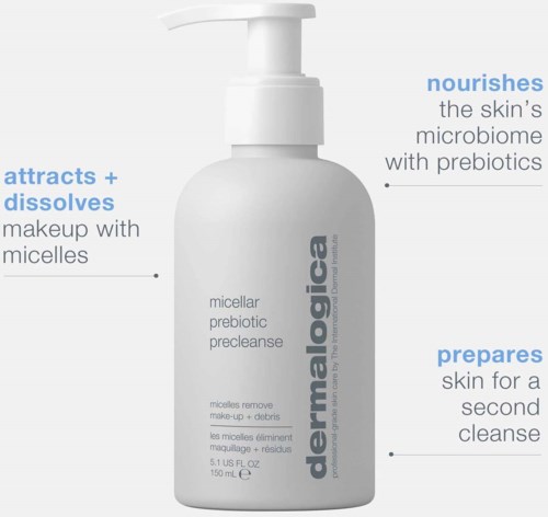 A white bottle with a pump, labeled Dermalogica, promotes micellar prebiotic precleanse for skin cleansing.