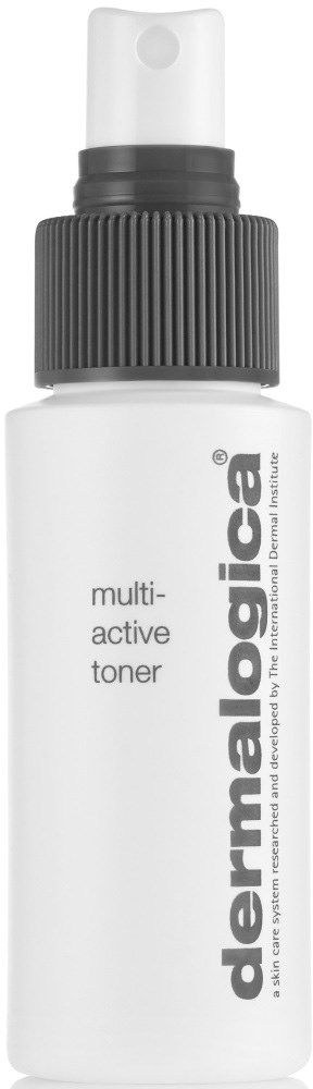 Valkoinen suihkepullo, jossa on musta korkki ja merkintä 'dermalogica' ja 'multi-active toner.'