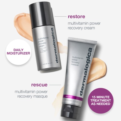 To hudpleieprodukter: en fuktighetskrem og en maske for restitusjon, med en anbefaling om 15-minutters behandling.