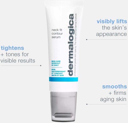 En tub med skincare-serum med text som beskriver dess fördelar för att strama, lyfta och jämna ut huden.
