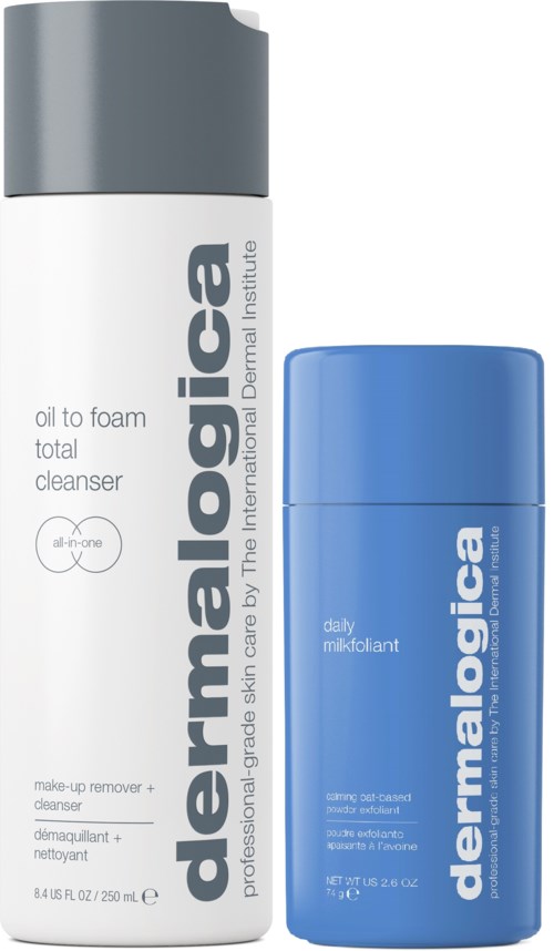Two skincare products: one tall white bottle with a grey cap, and a short blue container. Both are from dermatologica.