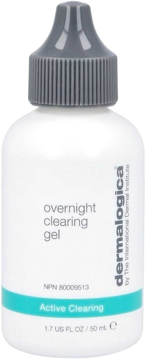 En vit flaska med grå kork, märkt 'Overnight Clearing Gel' från Dermaclara, aktiv rengöring. Liten storlek, 50 ml.