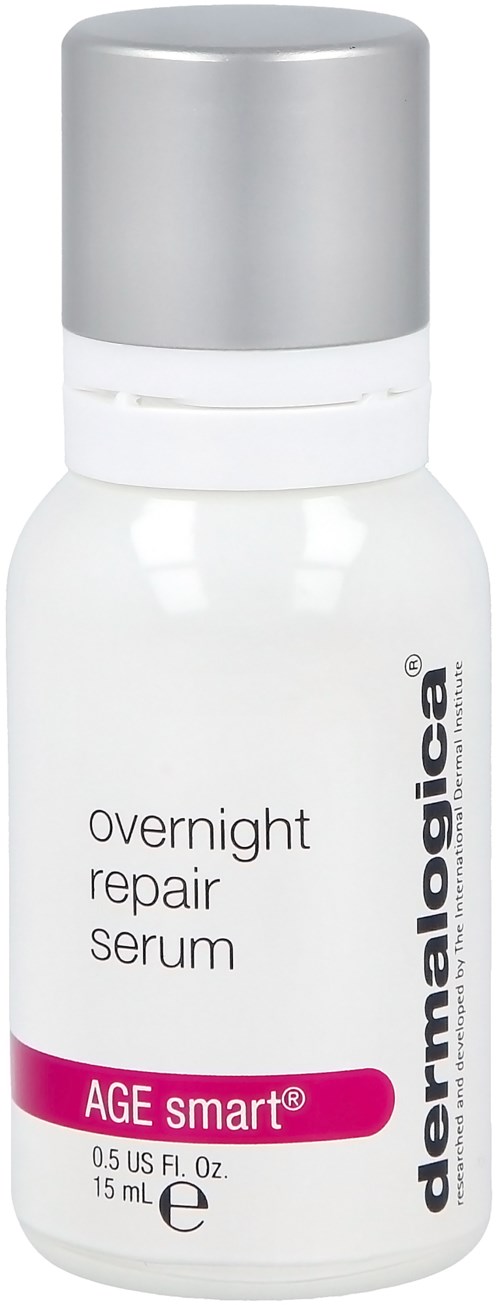 Liten vit flaska med grått lock, märkt 'overnight repair serum' och 'AGE smart' från Dermalogica.