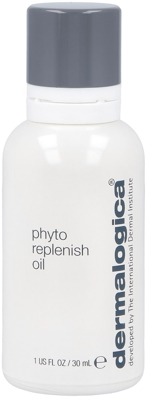 En hvit flaske med grå lokk merket 'dermalica' og 'phyto replenish oil,' brukt til hudfuktighet.