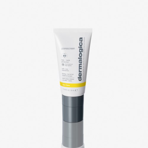 A white and grey tube of Dermatologica sunscreen with SPF 40, labeled for face use.
