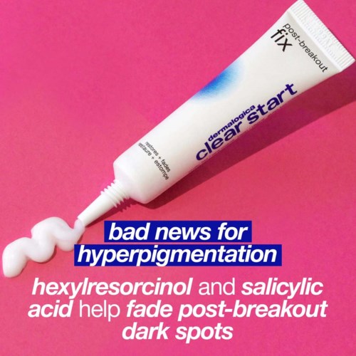 The image shows a tube of skincare cream on a pink background, with text about helping fade dark spots.