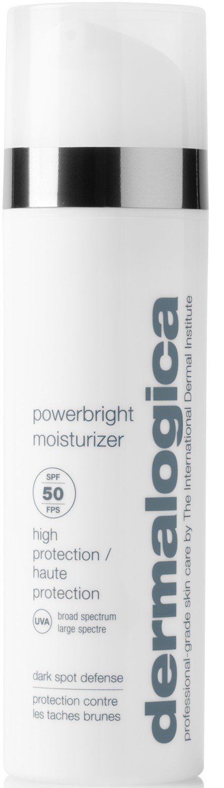 En vit flaska med en silverrand, märkt 'dermalogica powerbright moisturizer' med SPF 50, för hudskydd.