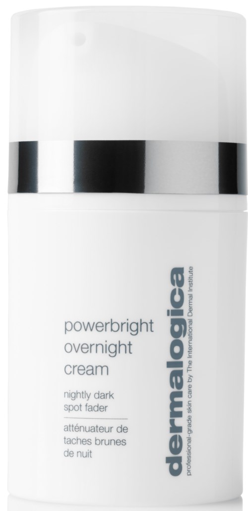 Biała butelka z srebrną taśmą i tekstem dla kremu Dermalogica PowerBright na noc na ciemne plamy.