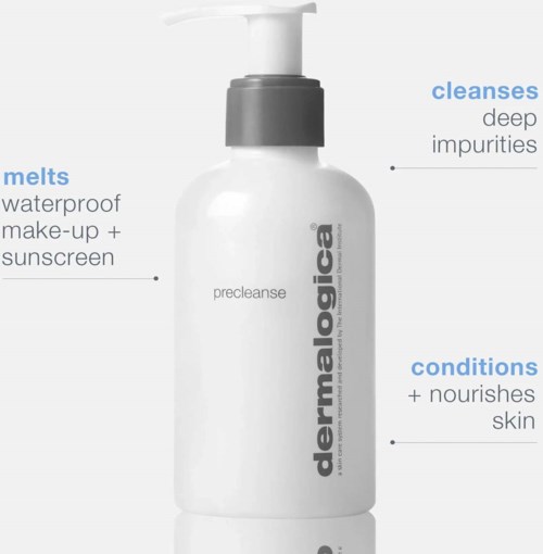 En vit flaska av dermalogica precleanse med pump, som visar att den rengör, smälter makeup och återfuktar huden.