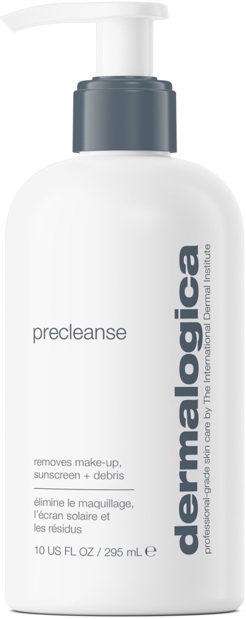 En vit flaska med pumpkork märkt dermalogica precleanse, skapad för att ta bort smink och smuts.