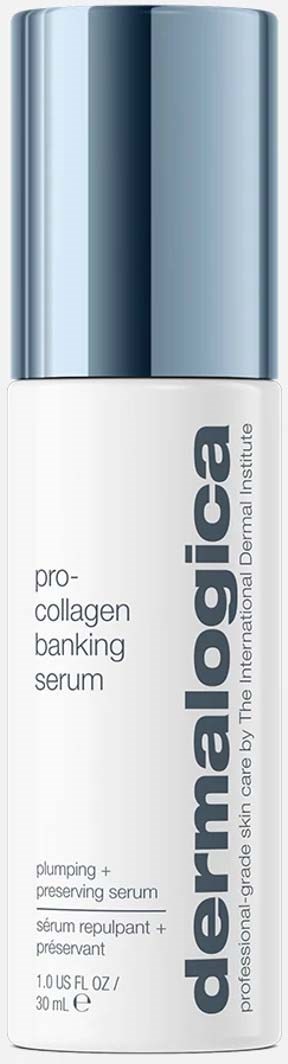 En lang, hvit flaske med sølvfarget lokk merket 'dermalogica' og 'pro-collagen banking serum'.