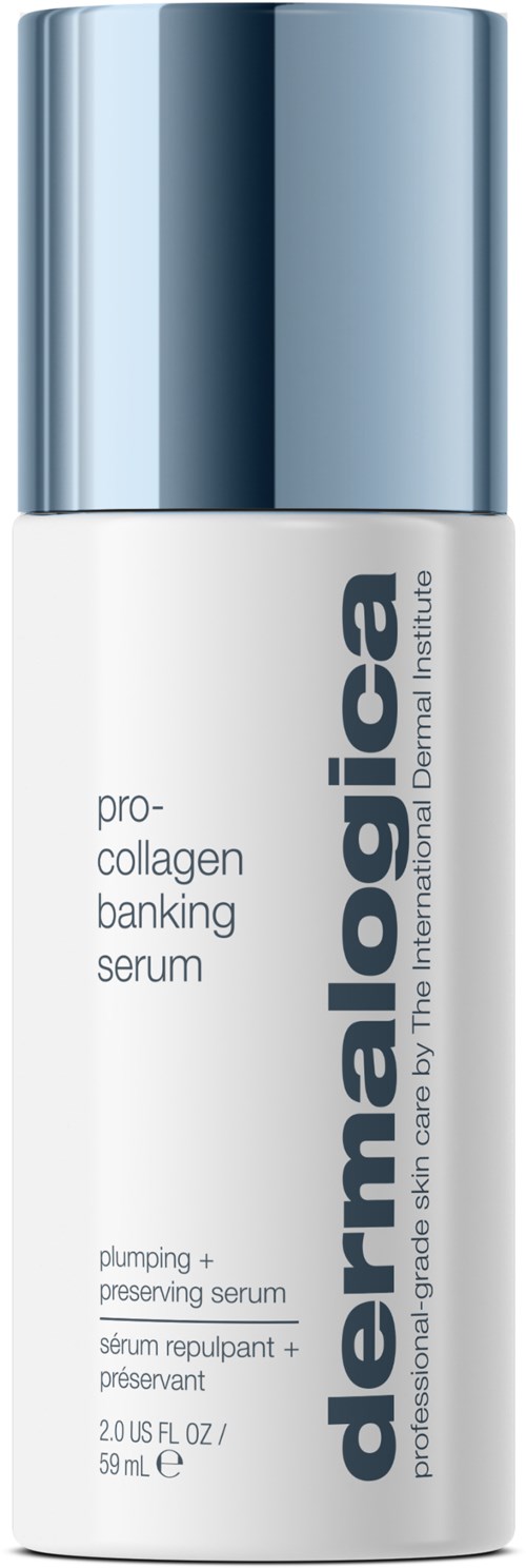 En hvit flaske med sølvhette, merket Dermatologica Pro-Collagen Banking Serum, brukt for hudpleie.