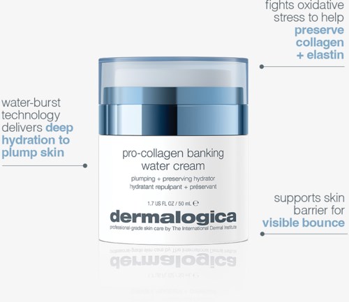 Kosteustuubipakkaus nimeltä dermalogica pro-collagen banking water cream, jossa on hyödyt ympärillä.
