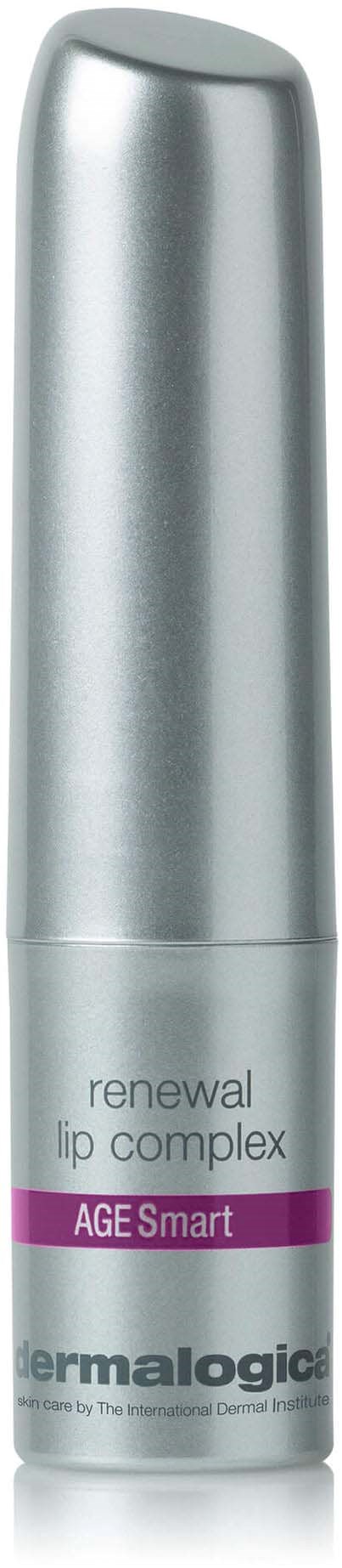 Sølvfarget sylinderformet tube med lilla etikett som sier 'renewal lip complex AGE Smart' av Dermalogic.