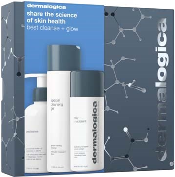 Zestaw do pielęgnacji skóry z trzema butelkami oznaczonymi 'preserve', 'clear' i 'special cleansing gel', w niebieskim opakowaniu z naukowym wzorem.