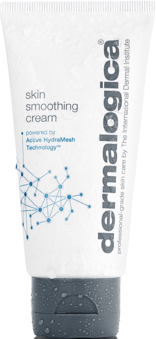 En vit tub med DermaLogica hudglättande kräm med blå design och svart lock.