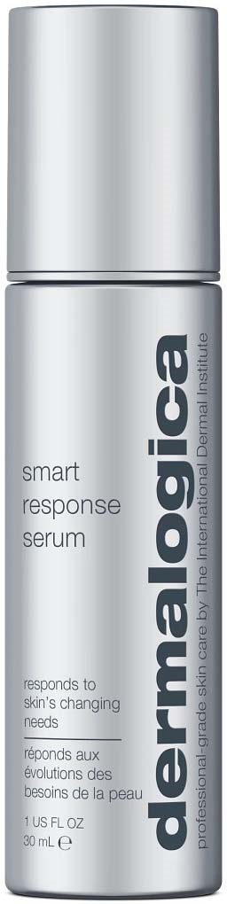 En vit cylindrisk flaska med grön text, märkt 'dermalogica smart response serum,' avsedd för hudvård.