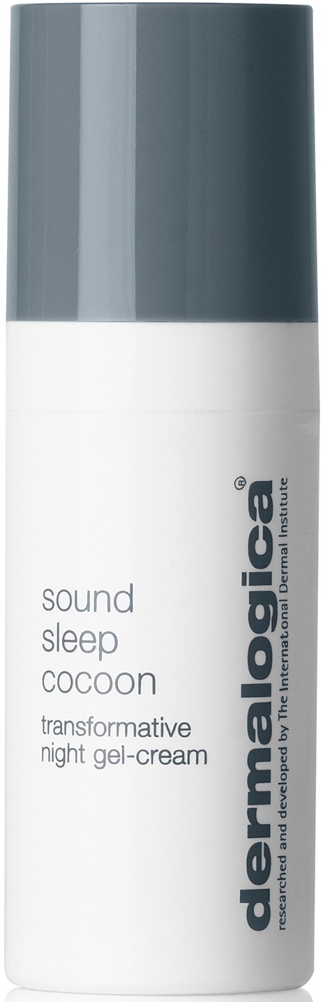 A cylindrical bottle with a gray cap and a white body labelled 'dermalogica sound sleep cocoon'.