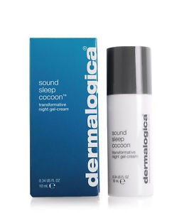 A white and grey bottle and blue box for Dermalogica sound sleep cocoon product.