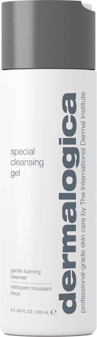 En vit flaska med grå kork märkt Dermalogica Special Cleansing Gel, en skonsam rengöringsgel för hudvård.