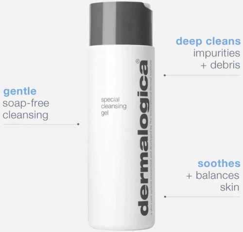 En vit flaska med grått lock, märkt Dermalogica special cleansing gel, som beskriver skonsam, djuprengörande och lugnande hud.
