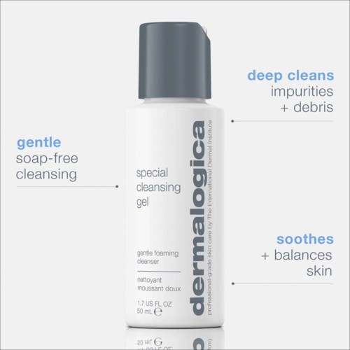 Gentle cleansing gel for face, removes dirt and impurities, soothes skin, and balances skin without soap.