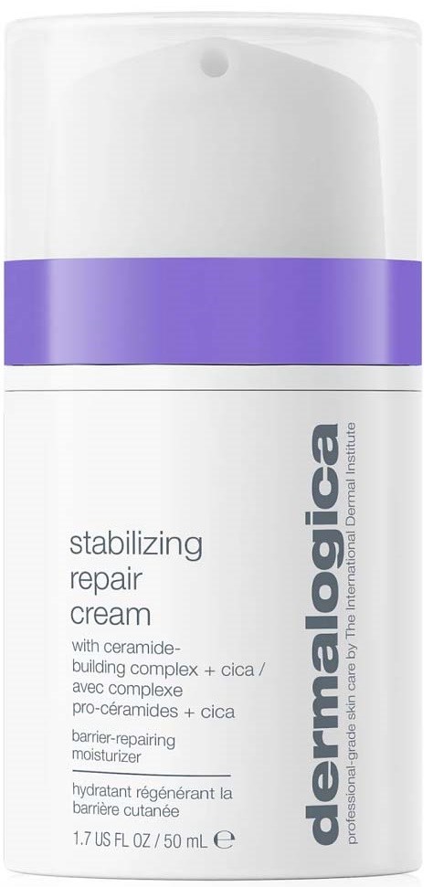 En hvid og lilla flaske mærket 'dermalogica' med stabiliserende reparationscreme til huden.