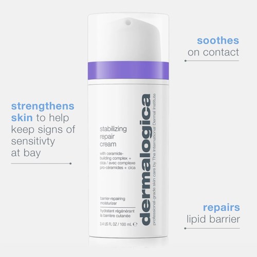 En vit och lila flaska av Dermalogica repairsalva för hudläkning och lugnande kontakt. Text förklarar fördelar och ingredienser.