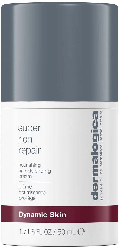 En flaske fra Dermaologica Super Rich Repair nærende creme til aldrende hud med sølvlåg.