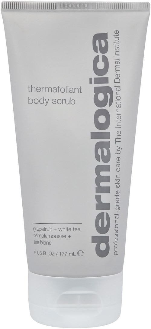 En hvid tuben af Dermalogica kropsskrub med grapefrugt og hvid te duft, 177 ml kapacitet.