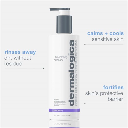 En vit flaska med svart pump märkt 'dermalogica.' Den främjar lugnande, rengörande och skyddande hudfördelar.