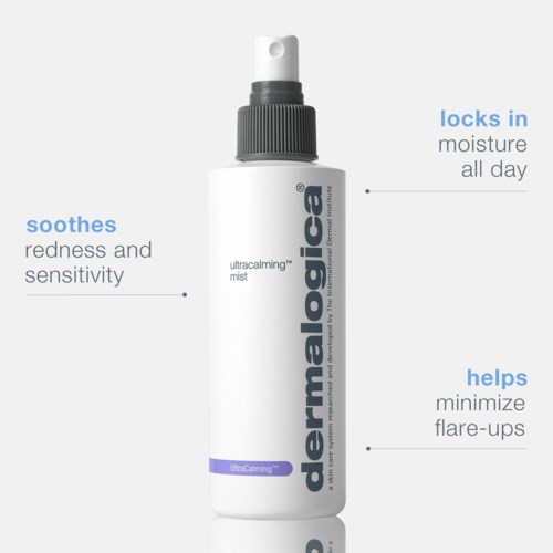 Eine weiße Sprühflasche mit schwarzem Deckel und blauer Beschriftung für dermalogica ultracalming mist, fördert Feuchtigkeit, beruhigt Rötung und minimiert Entzündungen.