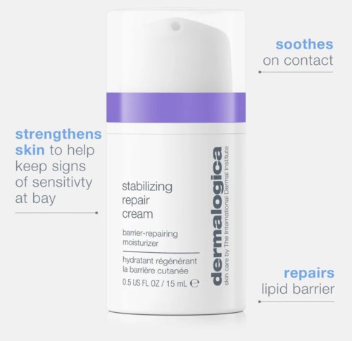 En vit flaska dermalogica barriär-reparerande fuktighetskräm med lila band, som fokuserar på hudens fördelar som stärkande, lugnande och reparerande.
