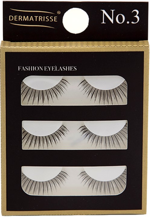 En detaljhandelsbox innehåller tre par falska ögonfransar märkta som 'Fashion Eyelashes No. 3'.
