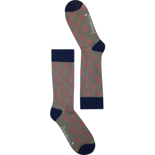 Grå strumpor med rosa ankare och navyblå spetsar och band. Märket står på en socka.