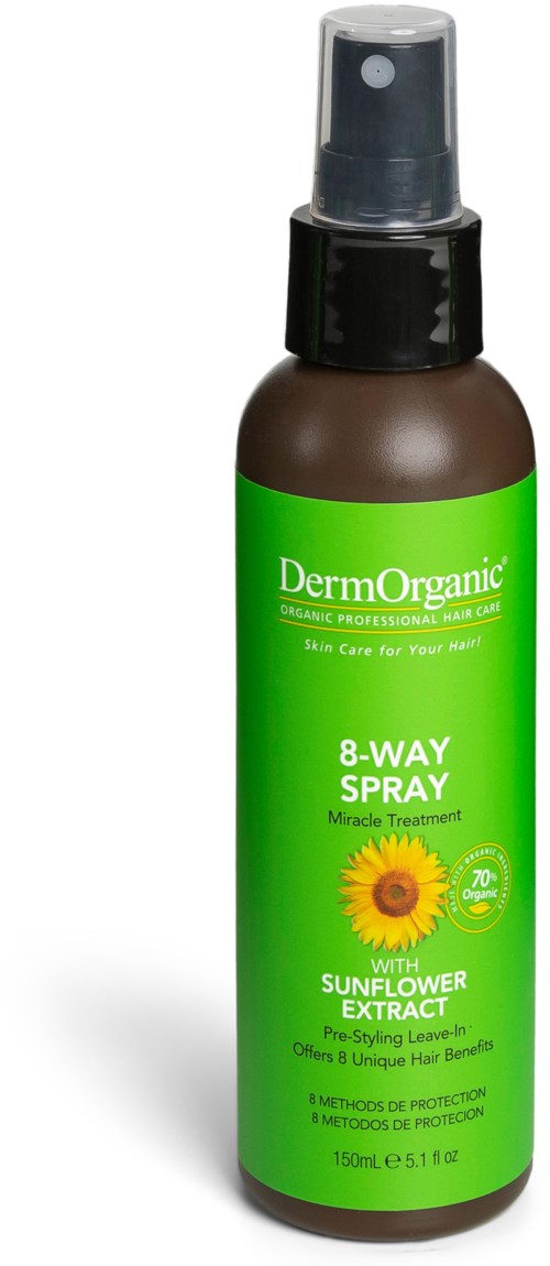 En grön och brun sprayflaska märkt DermOrganic 8-Way Spray med solrosextrakt för hårvård.